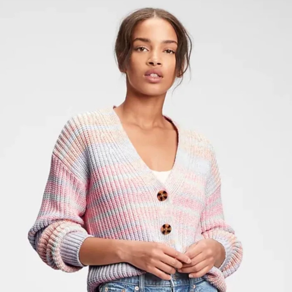 Gap Women's Pastel Rainbow Striped Button Down Knit Cardigan XL 100% Cotton